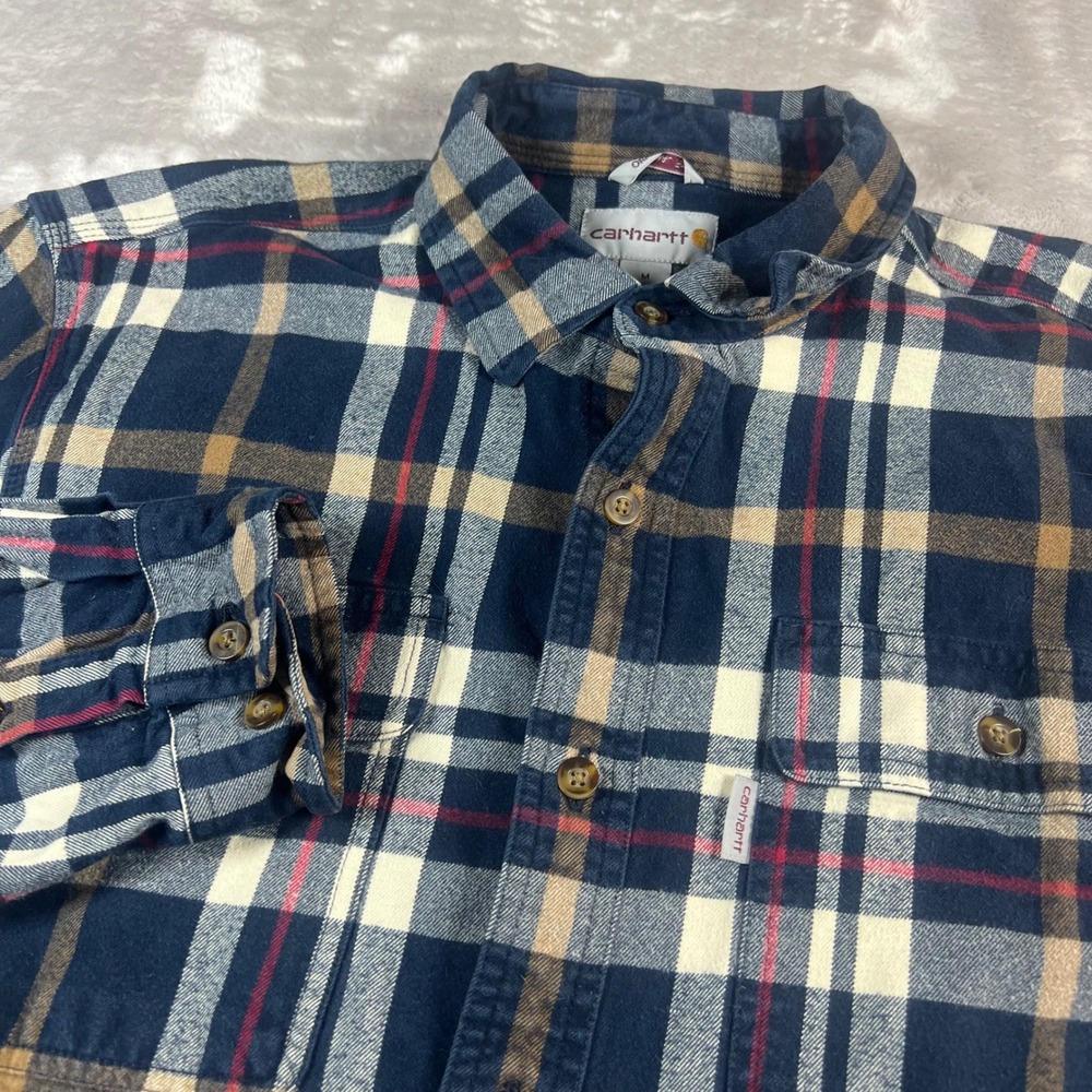 Carhartt Men's M Flannel Button Down Navy Plaid Original Fit 100139